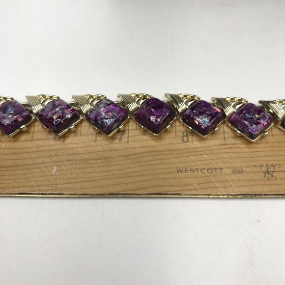 VTG 80s CORO Purple Glitter Stone Silver Necklace 17" Chain Art Deco Luxury Gift - Picture 7 of 8